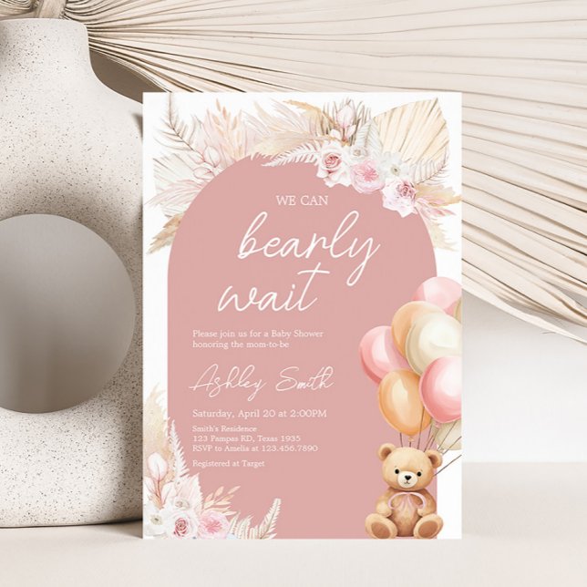 Rosa Boho Bear Balloon Baby Shower Inbjudningar (We Can Bearly Wait Baby Shower Invitation)