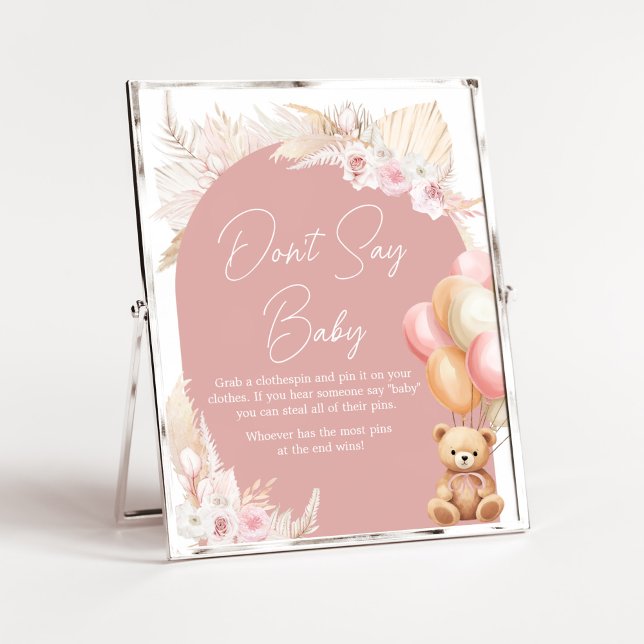 Rosa Boho Bear Balloon Baby Shower Säg inte Baby Poster (We Can Bearly Wait Baby Shower Don't Say Baby Sign)