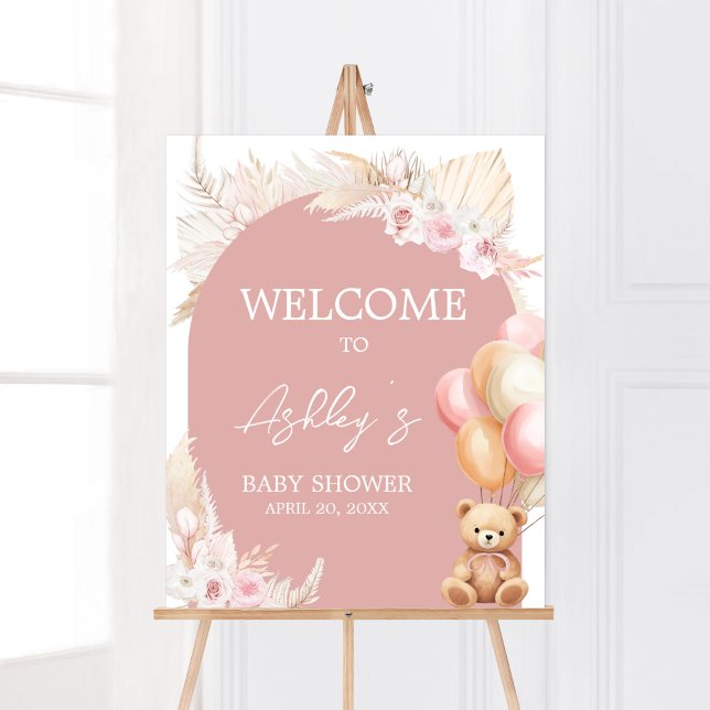 Rosa Boho Bear Balloon Baby Shower Välkommen Poster (We Can Bearly Wait Baby Shower Welcome Sign)