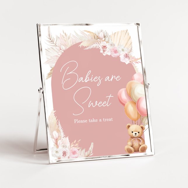 Rosa Boho Bear Balloon Spädbarn är Sweet Poster (We Can Bearly Wait Baby Shower Babies are Sweet Sign)