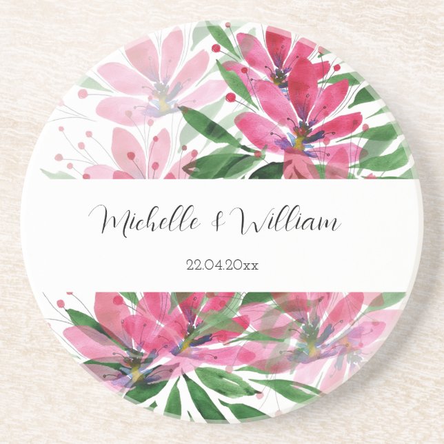 Rosa Boho Blommig Akvarell Monogrammerad Underlägg (Framsidan)