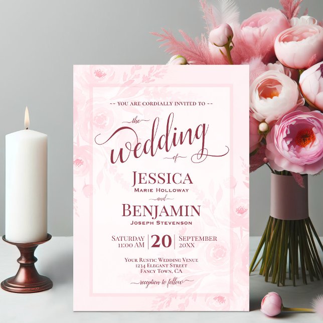 Rosa Boho Blommig Akvarell Stilfull Skript Bröllop Inbjudningar (Skapare uppladdad)