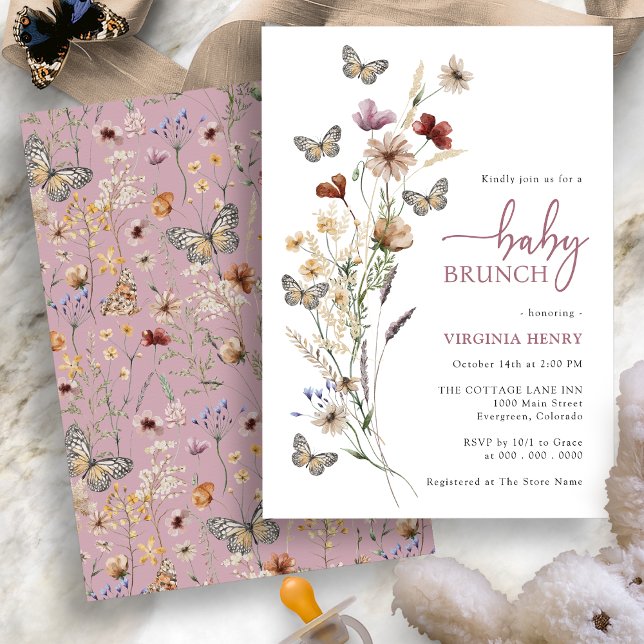 Rosa Boho Blommig Barnkalas Brunch Inbjudningar (Dusty Pink Boho Floral Baby Brunch Invitation with Butterflies by Painted Paperie
)