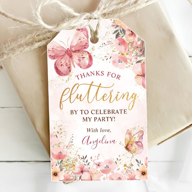 Rosa Boho Blommig Fjäril Bebis Shower Presentetikett (Skapare uppladdad)