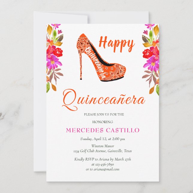 Rosa Boho Blommig Krans Quinceañera Inbjudan (Framsida)