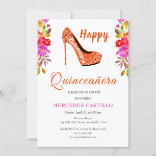 Rosa Boho Blommig Krans Quinceañera Inbjudan