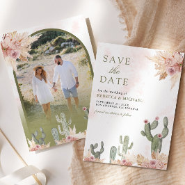 Rosa Boho Blommig Pampas Kaktus Foto Bröllop Spara Datumet