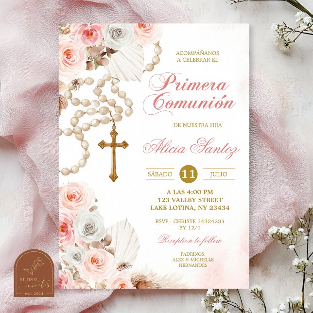 Rosa Boho Blommig Rosenkrans Första Nattvarden Inbjudningar (Skapare uppladdad)