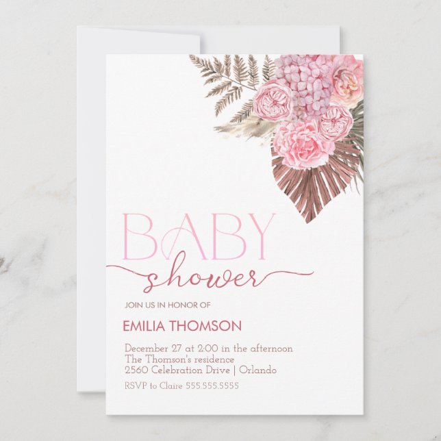 Rosa Boho Blommigt Baby Shower Inbjudningar (Framsida)