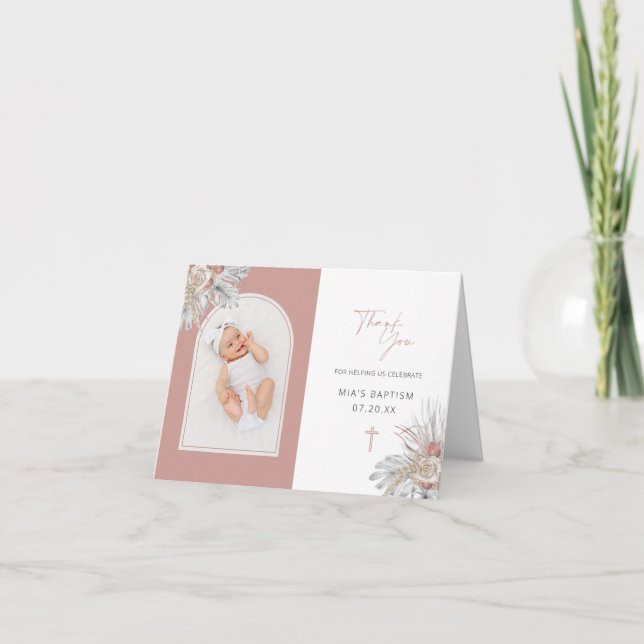 Rosa Boho Blommigt Baptism-fotomatsamling i mappat Tack Kort (Framsida)