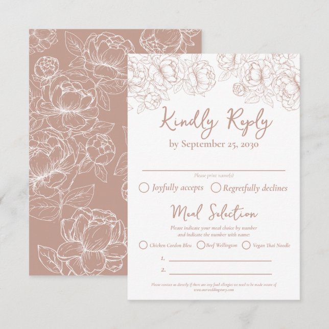  Rosa Boho Blommigt Bröllop, måltider och OSA Kort (Fram/baksida)