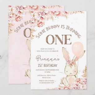 Rosa Boho Blommigt Bunny 1:a födelsedagsinbjudan Inbjudningar