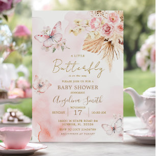 Rosa Boho Blommigt Butterfly Baby Shower Inbjudningar