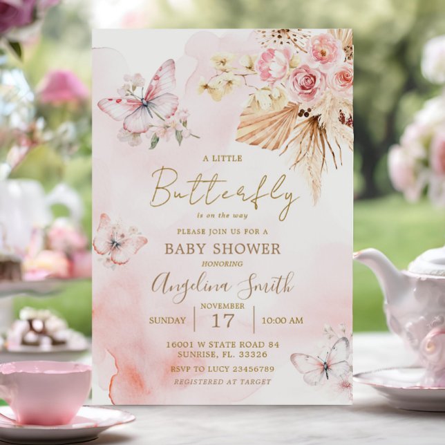 Rosa Boho Blommigt Butterfly Baby Shower Inbjudningar (Skapare uppladdad)