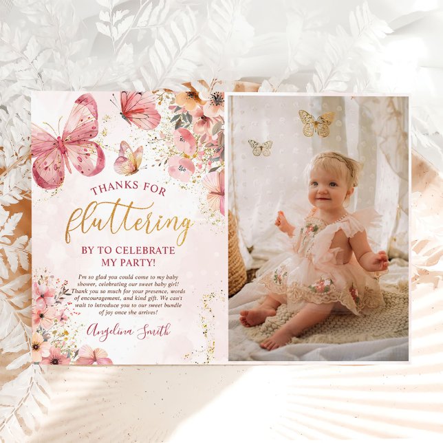 Rosa Boho Blommigt Butterfly Baby Shower Photo Tack Kort (Skapare uppladdad)