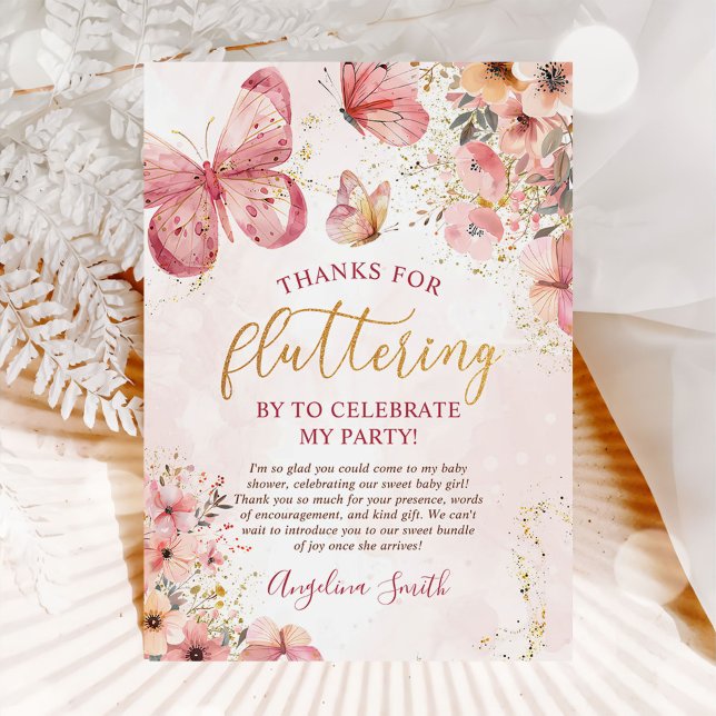 Rosa Boho Blommigt Butterfly Baby Shower Tack Kort (Skapare uppladdad)