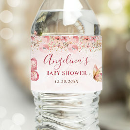 Rosa Boho Blommigt Butterfly Baby Shower Vattenflaskor Etikett