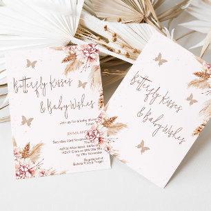 Rosa Boho Blommigt Butterfly Kisses Baby Shower Inbjudningar