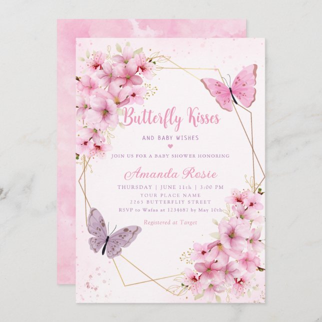 Rosa Boho Blommigt Butterfly Kisses Girl Baby Show Inbjudningar (Fram/baksida)