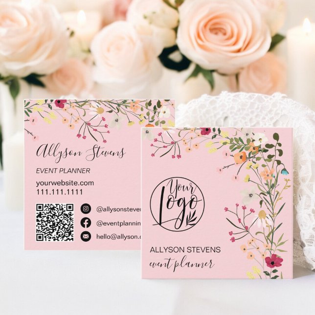 Rosa Boho blommigt event logotyp qr-kod Fyrkantigt Visitkort (Pink Boho floral event planner logo qr code Square Business Card)