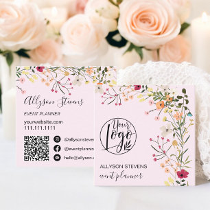 Rosa Boho blommigt event logotyp qr-kod Fyrkantigt Visitkort