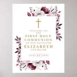 Rosa Boho Blommigt First Heliga Communion Välkomst Poster