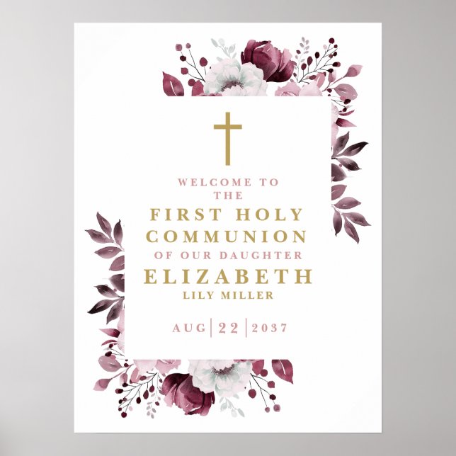 Rosa Boho Blommigt First Heliga Communion Välkomst Poster (Framsidan)
