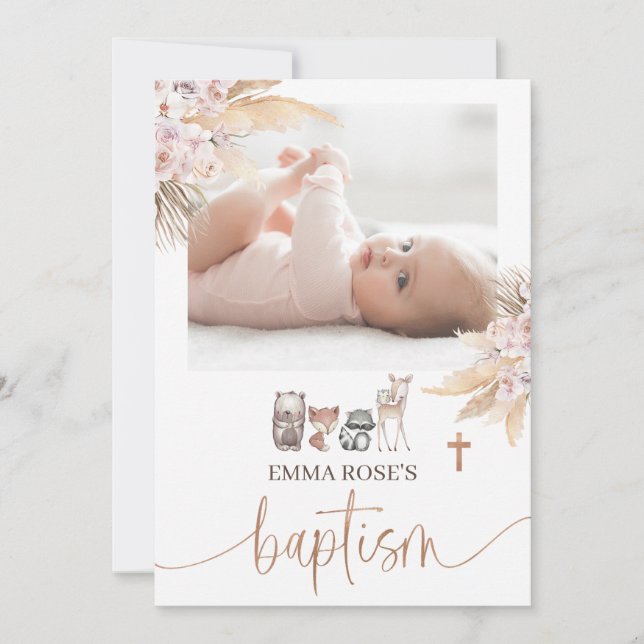 Rosa Boho Blommigt Guld Calligraphy Baptism Inbjudningar (Framsida)