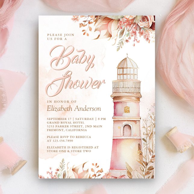 Rosa Boho Blommigt Lighthouse Baby Shower Inbjudningar (Skapare uppladdad)
