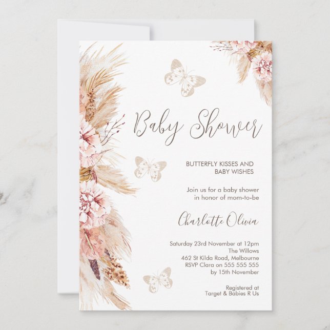 Rosa Boho Blommigt och Butterflies Baby Shower Inbjudningar (Framsida)