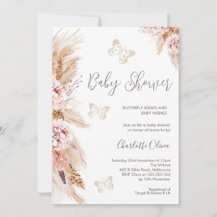 Rosa Boho Blommigt och Butterflies Baby Shower Inbjudningar