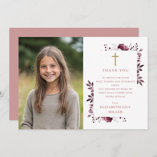 Rosa Boho Blommigt Photo First Heliga Communion Tack Kort (Fram/baksida)