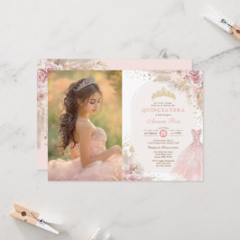 Rosa Boho Blommigt Quinceañera 15:e födelsedagsfot Inbjudningar