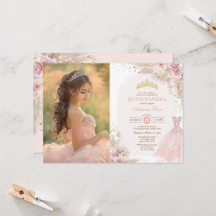 Rosa Boho Blommigt Quinceañera 15:e födelsedagsfot Inbjudningar