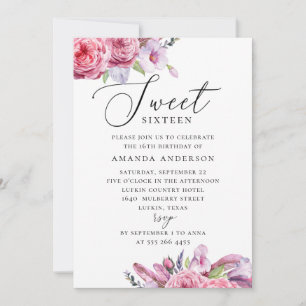 Rosa boho blommigt Sweet 16. Garden 16:e födelseda Inbjudningar