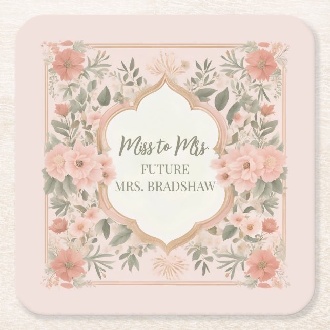 Rosa Boho Blommigt Underlägg Papper Kvadrat (Framsidan)