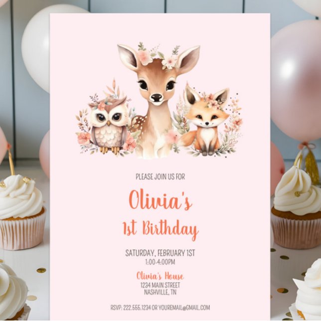 Rosa Boho Blommigt Woodland Animal 1:a födelsedage Inbjudningar (Boho Blush Pink Floral Woodland Animal 1st Birthday Invitation, Girl Birthday Party, Deer Owl Fox)