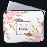 Rosa boho-blommigtar ludd vit giglim monogrammad laptop fodral<br><div class="desc">En chic vit bakgrund med rosa blommigt,  ro,  sprit och bruna,  guldfjädrar. Sommarboho,  bohemian stil. Ett grått och vitt ram med plats för ditt namn och monogram brev. Namn är skrivet i svart med ett modernt handskript i stil. Monogram brev i grått. Perfekt till skola,  arbete,  hemkontor.</div>