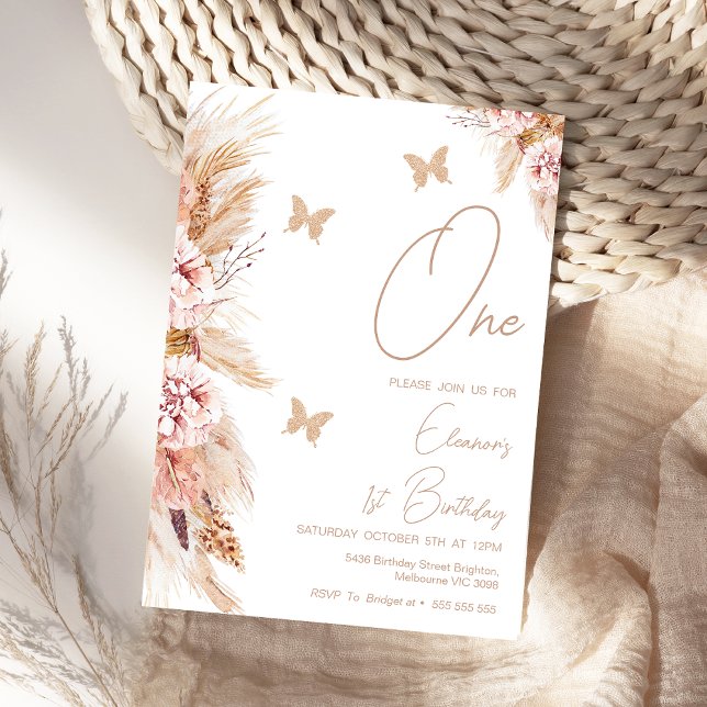 Rosa Boho Blommor Och Fjärilar 1-års Födelsedag Inbjudningar (Girls Boho Floral 1st Birthday Invitation Butterfly Butterflies First Birthday Invitation Girl)