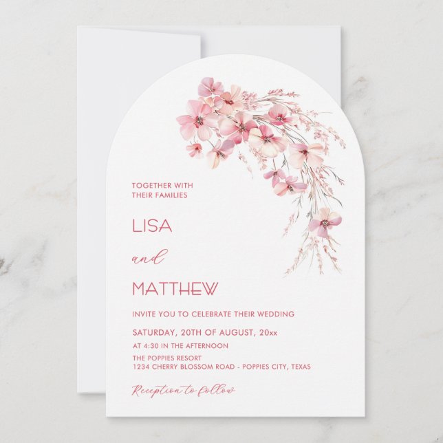 Rosa Boho Blommor Vit Ledig Bröllop Inbjudningar (Framsida)