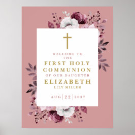 Rosa boho blomster första heliga kommunion välkoms poster