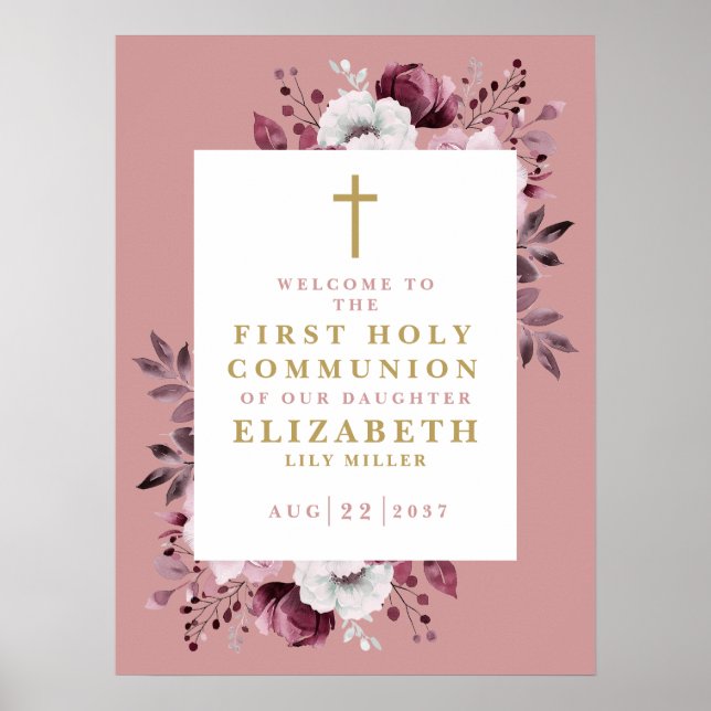 Rosa boho blomster första heliga kommunion välkoms poster (Framsidan)