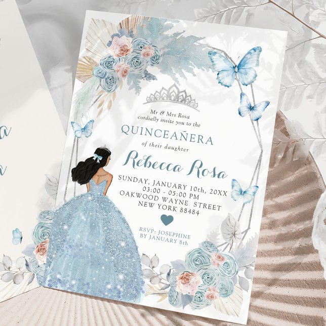  Rosa Boho Blue Princess Royal Quinceañera Inbjudningar (Skapare uppladdad)