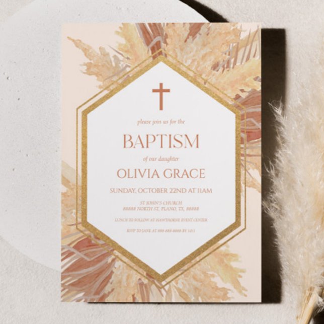 Rosa Boho Bohemian Blommigt Flower Ram Baptism Inbjudningar (Skapare uppladdad)