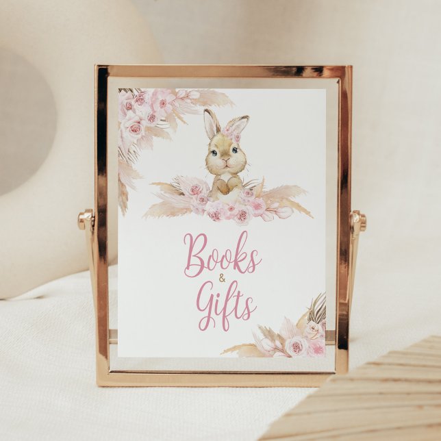 Rosa Boho Bunny Baby Shower Bokar och presenter Poster (Pampas Grass Girl Bunny Baby Shower Books and GIfts Sign)