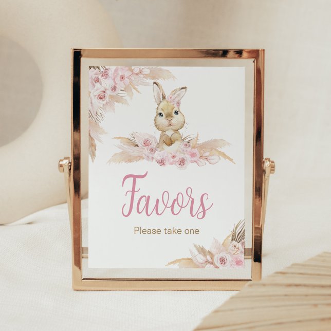 Rosa Boho Bunny Baby Shower Favors Poster (Pampas Grass Girl Bunny Baby Shower Favors Sign)