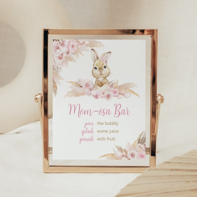 Rosa Boho Bunny Baby Shower Mamma Osa Pub Poster (Pampas Grass Girl Bunny Baby Shower Mom Osa Bar Sign)