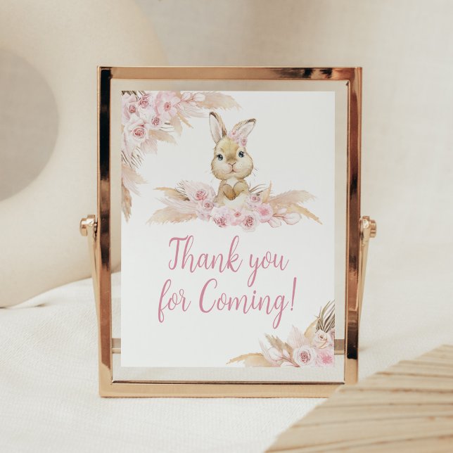 Rosa Boho Bunny Baby Shower Tack för att du kom Poster (Pampas Grass Girl Bunny Baby Shower Thank you for Coming Sign)