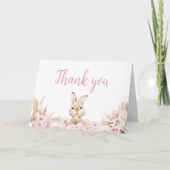Rosa Boho Bunny Baby Shower Tack Kort (Framsida)