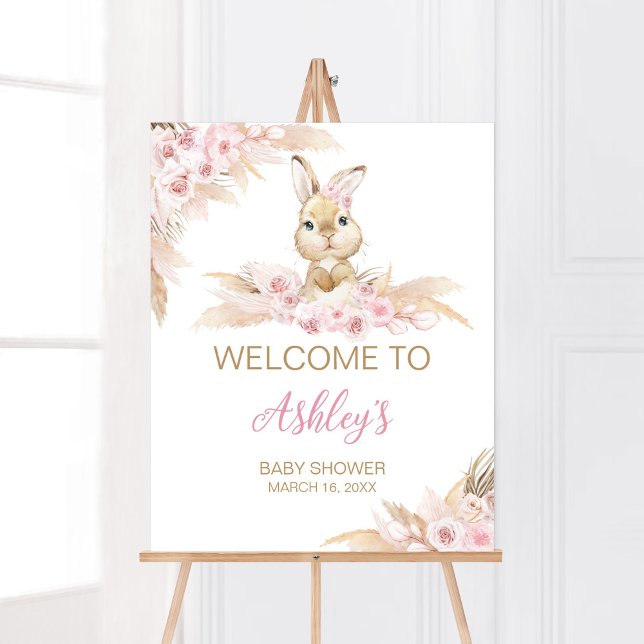 Rosa Boho Bunny Baby Shower Välkommen Poster (Pampas Grass Girl Bunny Baby Shower Welcome Sign)